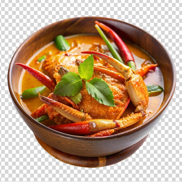 A bowl of crabs in a brown sauce with red peppers and parsley on top on transparent background