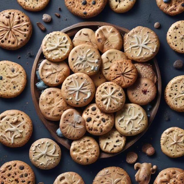 a bowl of crackers with a number of cookies on it