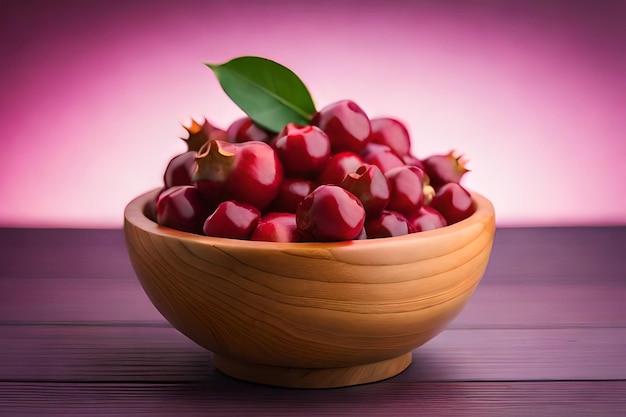 A bowl of cranberries with a green leaf on the top