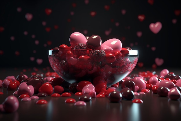 A bowl of cranberries with hearts on the top