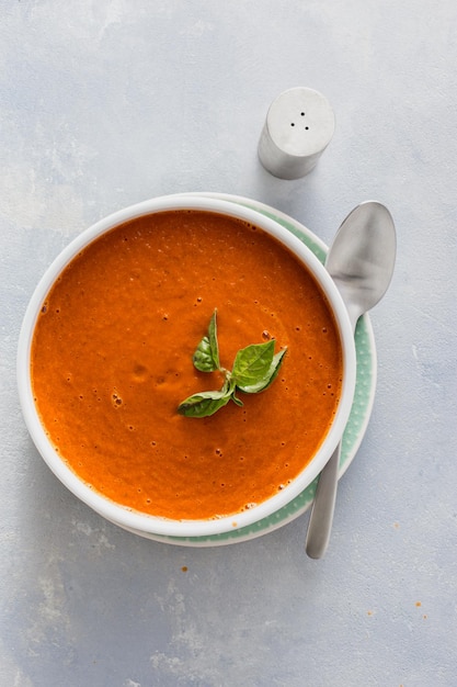 Bowl cream baked tomato soup top view