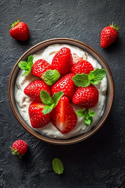 Bowl of cream with bunch of strawberries on top