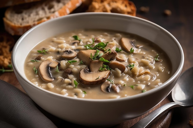 Bowl Of Creamy Barley And Mushroom Soup Generative AI