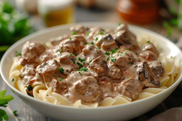 Photo a bowl of creamy beef stroganoff with noodles garnished with parsley sits on a wooden table