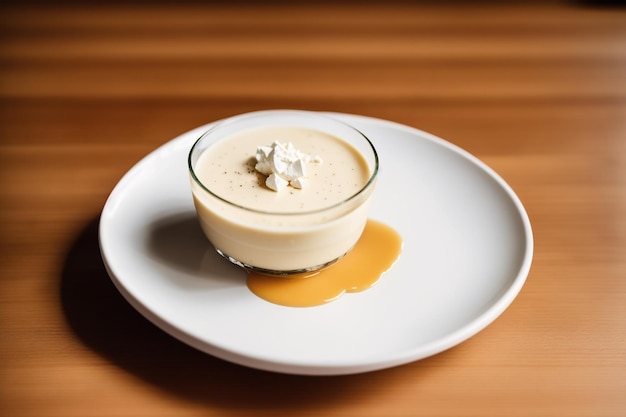 A bowl of creamy custard with a caramel sauce on top.