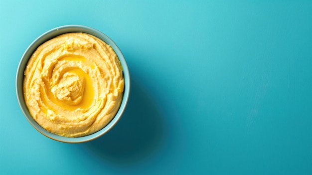 A bowl of creamy hummus on a blue background