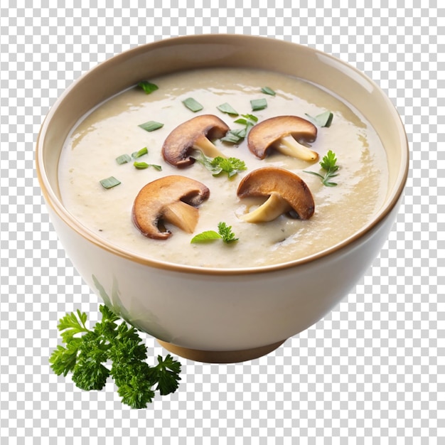 A bowl of creamy mushroom soup isolated on transparent background