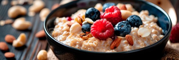 bowl of creamy oatmeal topped with fresh fruit and nuts showcasing the wholesome texture and flavor of the breakfast dishGenerative AI