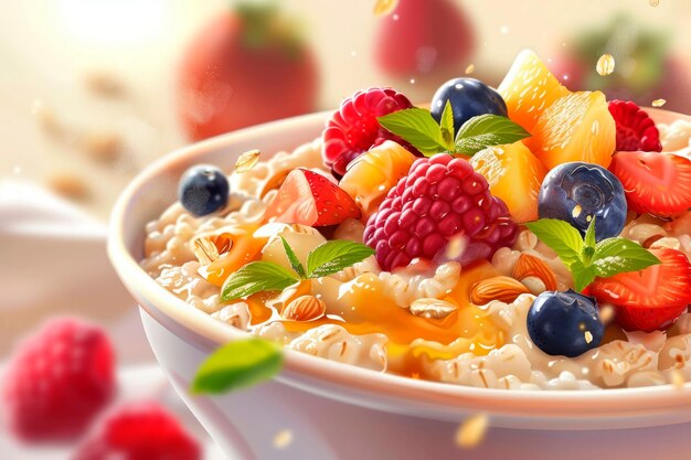 bowl of creamy oatmeal topped with fresh fruit and nuts showcasing the wholesome texture and flavor of the breakfast dishGenerative AI