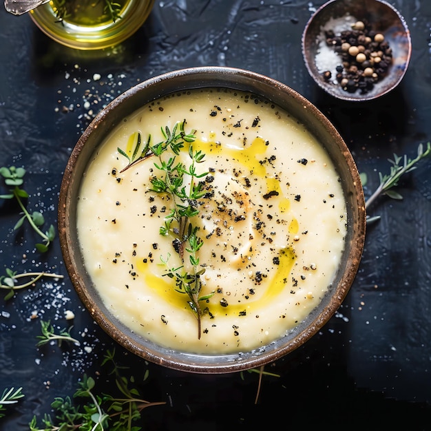 Bowl of creamy potato soup with thyme black pepper an