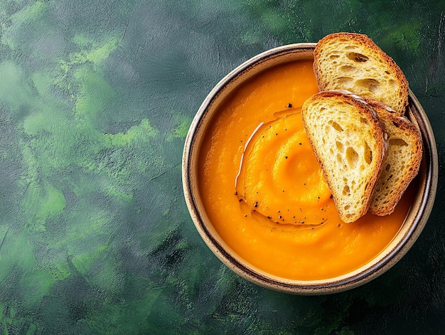 Photo a bowl of creamy pumpkin soup with toasted bread on top