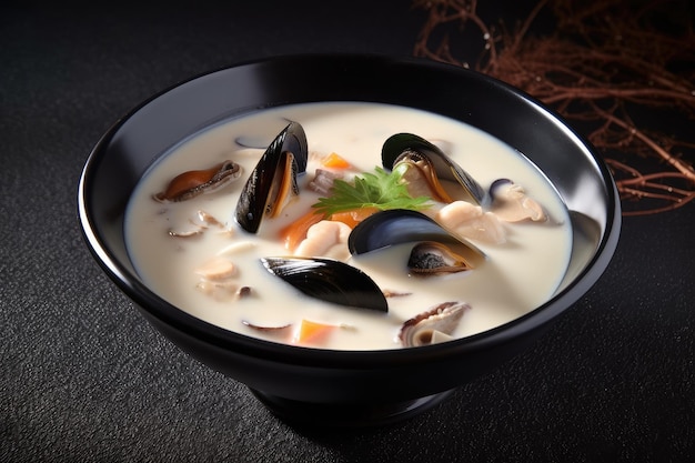 Bowl of creamy seafood soup with mussels and squid in shell