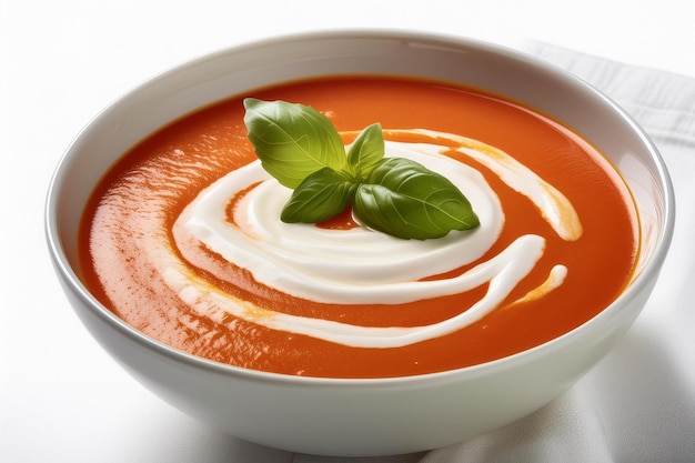 A bowl of creamy tomato soup with a swirl of cream and a sprig of basil