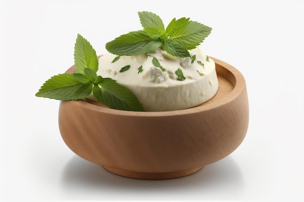 A bowl of creamy vegan dip with mint leaves on top. isolated on white background illustration images