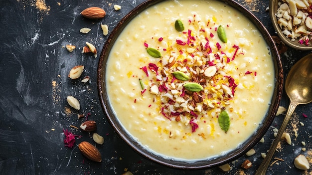 Photo a bowl of creamy yellow soup with almonds and pecans