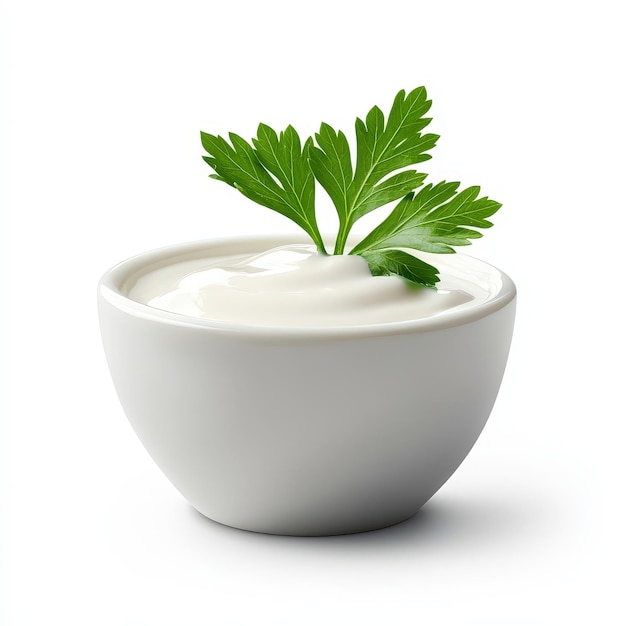 A bowl of creamy yogurt garnished with fresh parsley