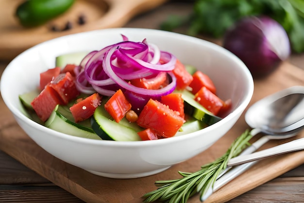 A bowl of cucumber salad with red onions and red onions.