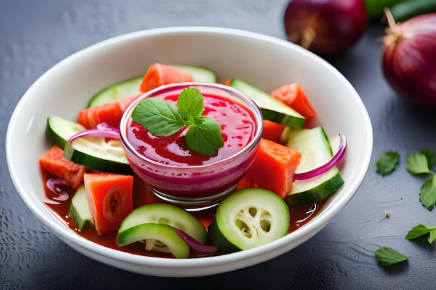 A bowl of cucumber salad with a red sauce