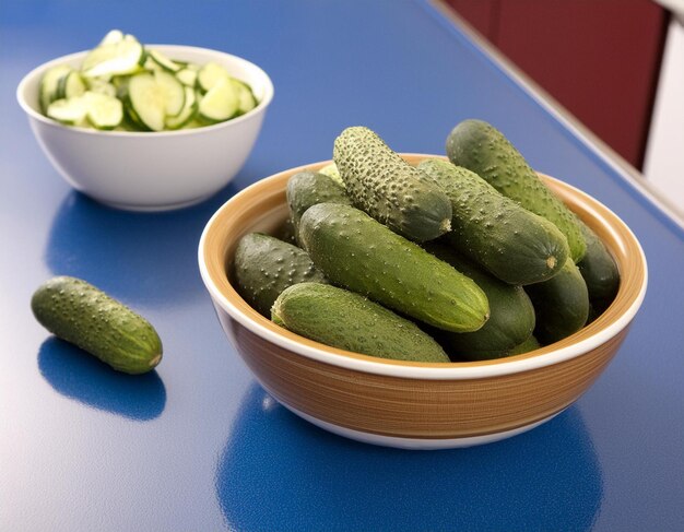 bowl of cucumbers sits atop a blue counter with an adjacent bowl of cucumbers