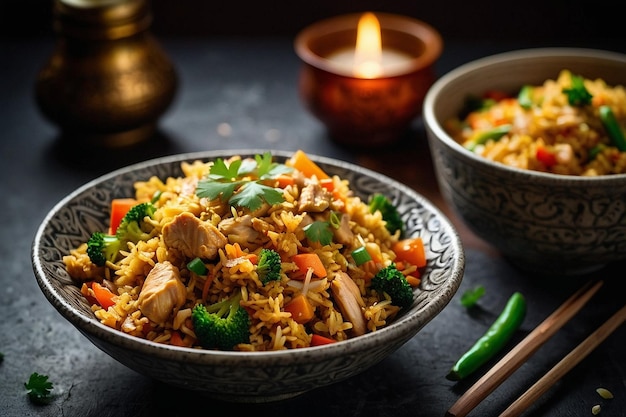 A bowl of curry fried rice with chicken and vegetables