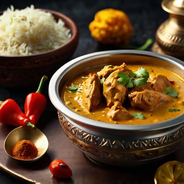 a bowl of curry with rice and vegetables on a table