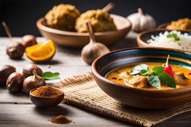 A bowl of curry with spices and a bowl of curry