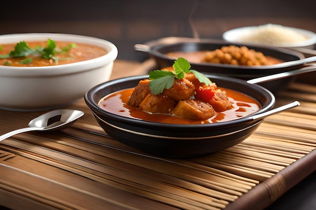 A bowl of curry with a spoon next to it