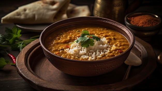 A bowl of dal with rice and cilantro on the side