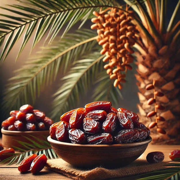 Photo a bowl of dates are on a table with palm trees in the background