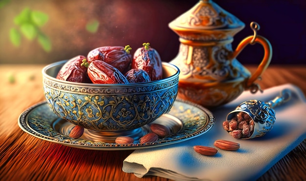 A bowl of dates and a cup of water traditionally used to break the fast during Ramadan