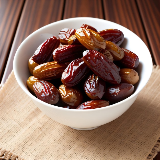 A bowl of dates is on a cloth on a wooden table.