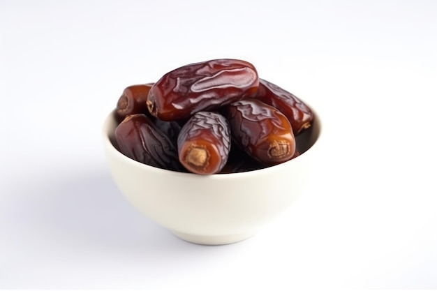 A bowl of dates is shown on a white background.