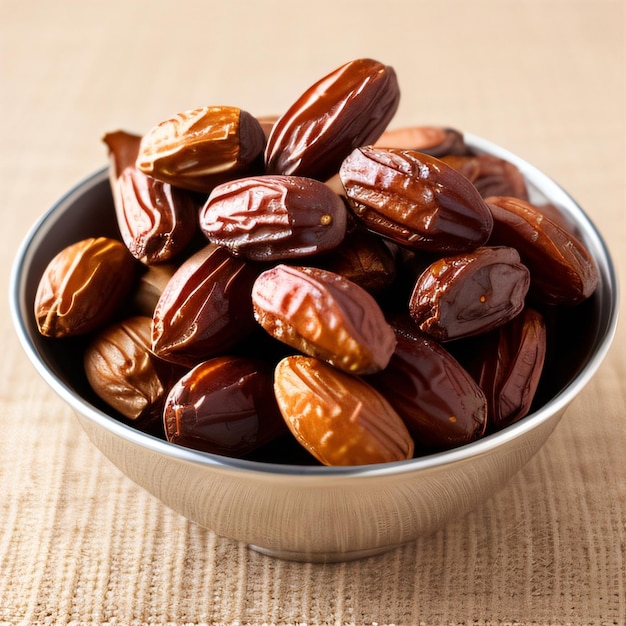 A bowl of dates is sitting on a cloth.