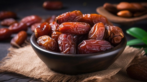 A bowl of dates is on a table next to a wooden spoon.