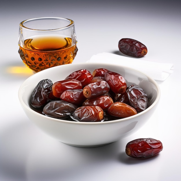 A bowl of dates sits next to a glass of alcohol.