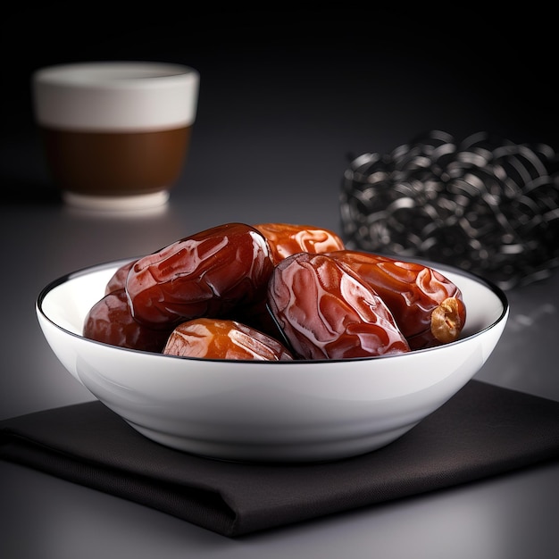 A bowl of dates sits on a table with a cup of coffee behind it.