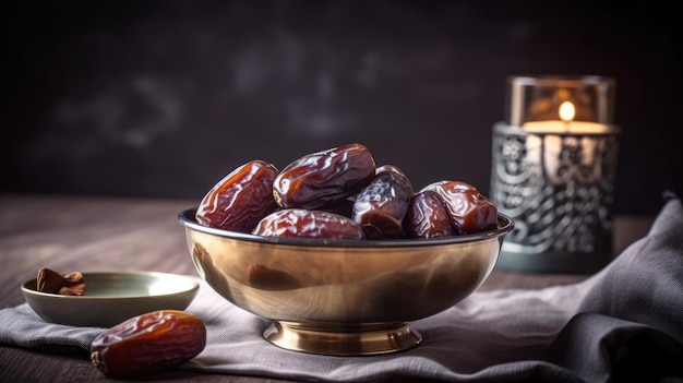 A bowl of dates with a candle behind it