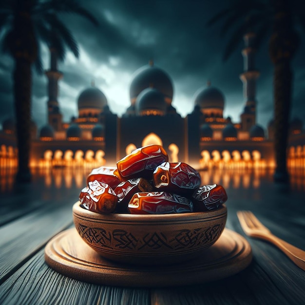 A bowl of dates on a wooden plank and dark blurred background of the mosque behind