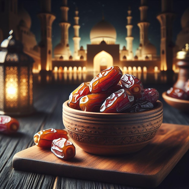 A bowl of dates on a wooden plank and dark blurred background of the mosque behind