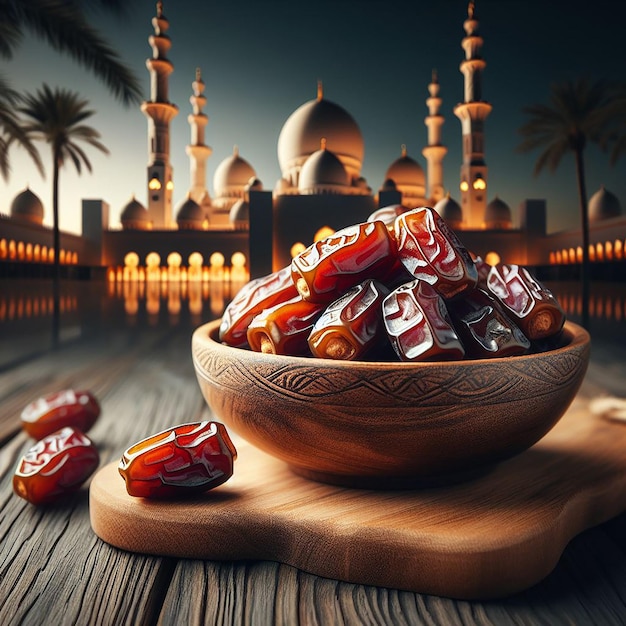 A bowl of dates on a wooden plank and dark blurred background of the mosque behind