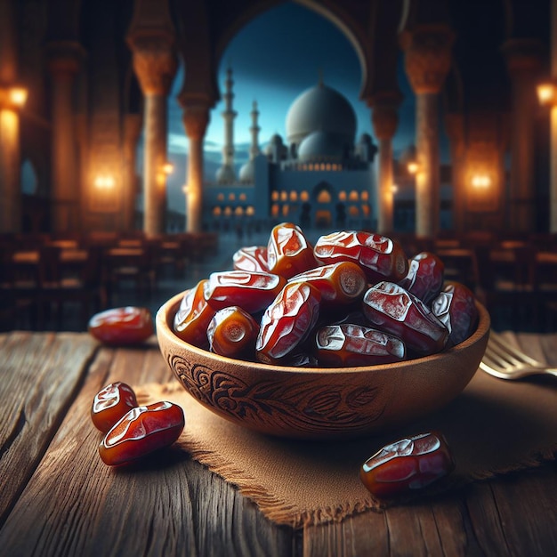 A bowl of dates on a wooden plank and dark blurred background of the mosque behind