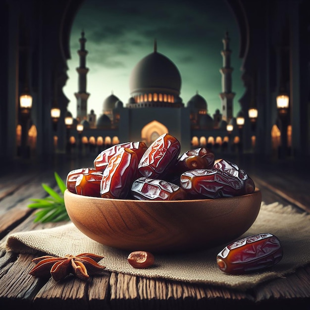 A bowl of dates on a wooden plank and dark blurred background of the mosque behind