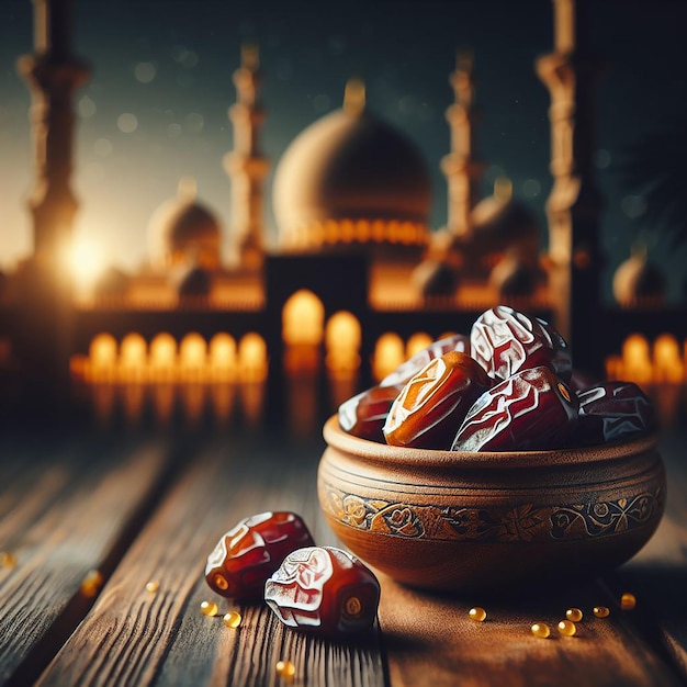 A bowl of dates on a wooden plank and dark blurred background of the mosque behind