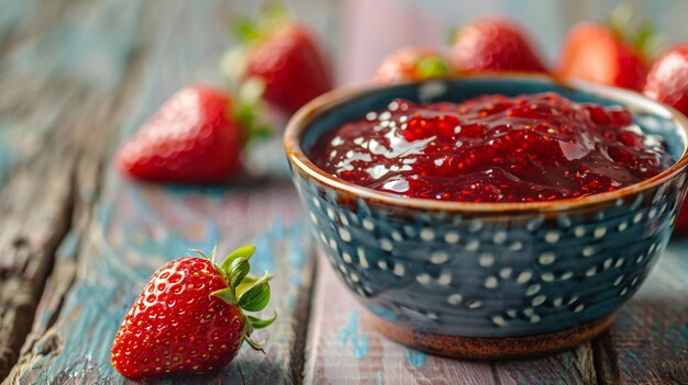 Bowl of delicious strawberry jam on wooden table