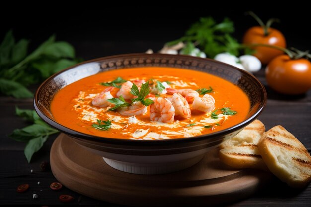 Bowl of delicious tomato soup with shrimps on the table close up AI generated