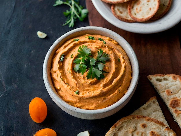 a bowl of dip with a dip and some other food