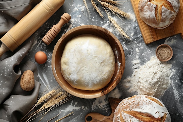 a bowl of dough and some other items on a table