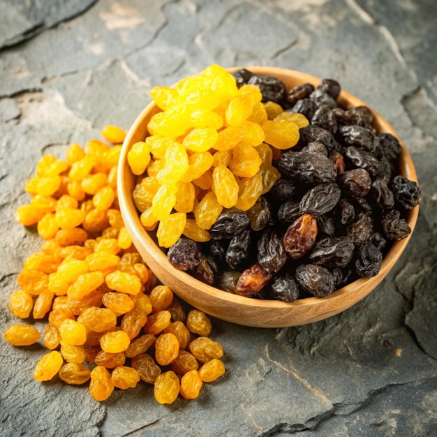 Photo a bowl of dried fruit sits on a table with a bunch of raisins in it