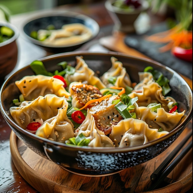 a bowl of dumplings with a black rim and a red pepper on the top