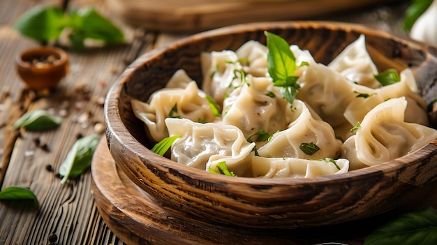 a bowl of dumplings with a green sprout on it